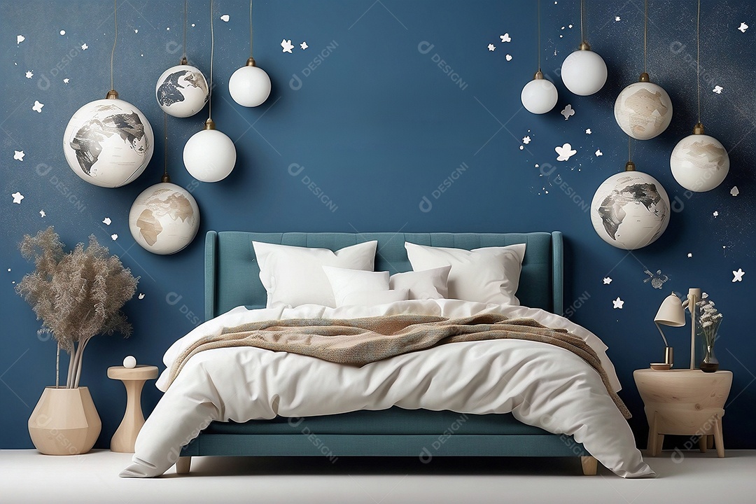 Imagem conceitual de um quarto e cama para design de mídia social