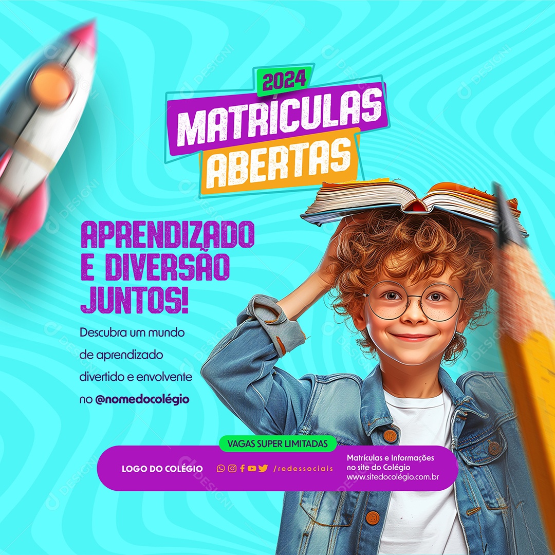 Social Media Feed Matrículas Abertas Aprendizado e Diversão Juntos PSD Editável