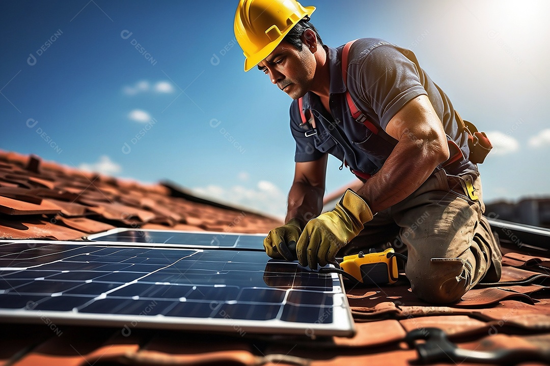 Energia solar trabalhador instalando um painel fotovoltaico no telhado