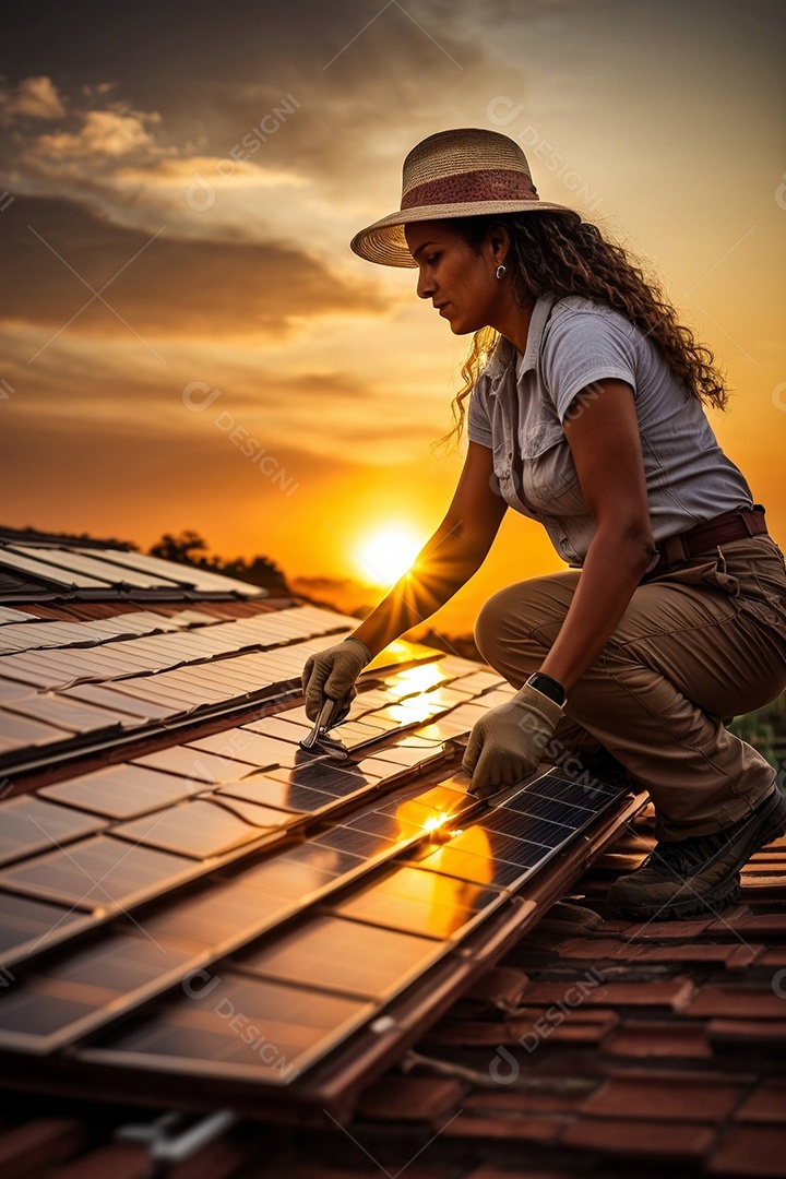 Energia solar trabalhador instalando um painel fotovoltaico no telhado