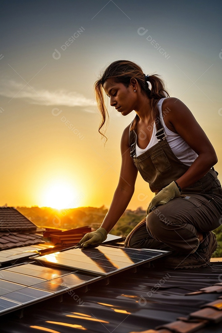 Energia solar trabalhador instalando um painel fotovoltaico no telhado