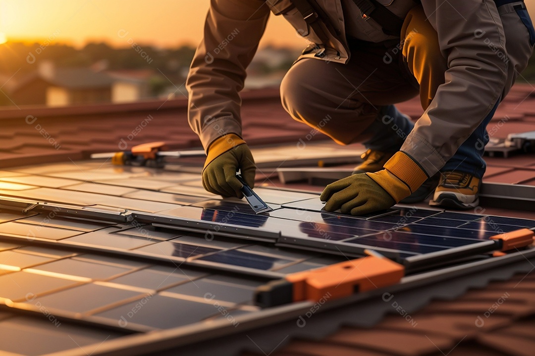 Energia solar trabalhador instalando um painel fotovoltaico no telhado