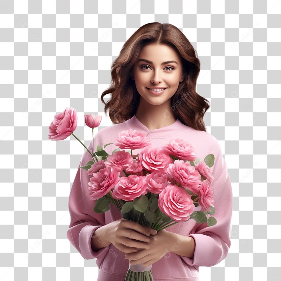 Mulher de Blusa Rosa Segurando Buquê de Flores PNG Transparente