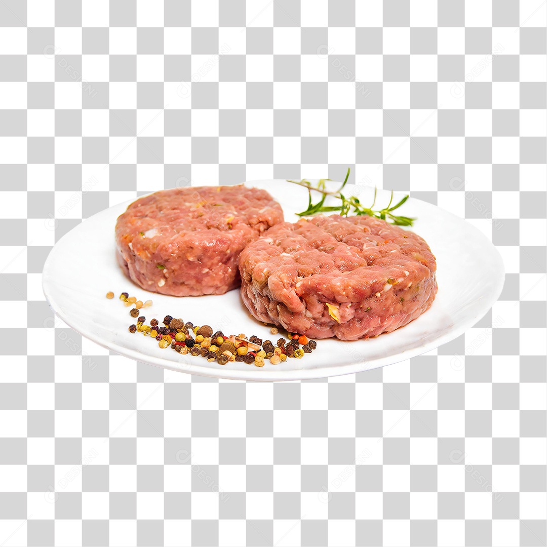 Carne para Hambúrguer em um Prato Branco PNG Transparente