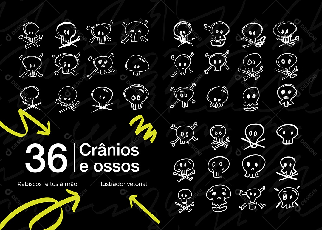 Conjunto de 36 Desenhos de Crânios Vetor EPS