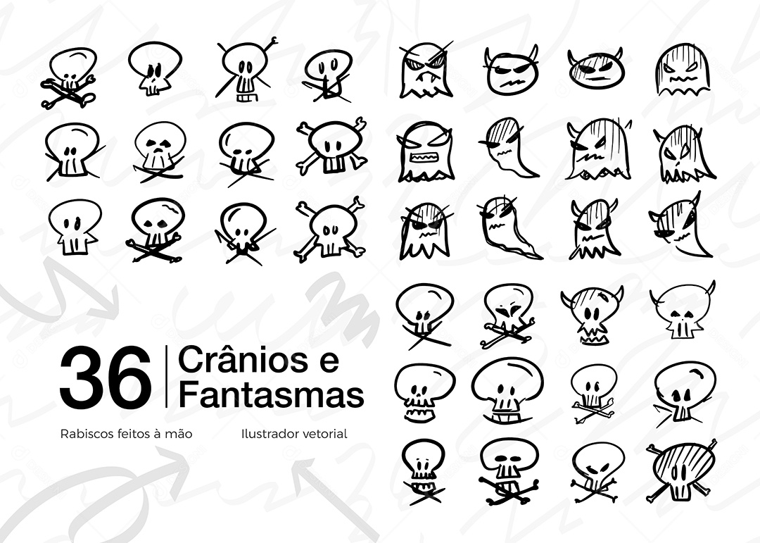 Conjunto de 36 Crânios e Fantasmas Vetor EPS