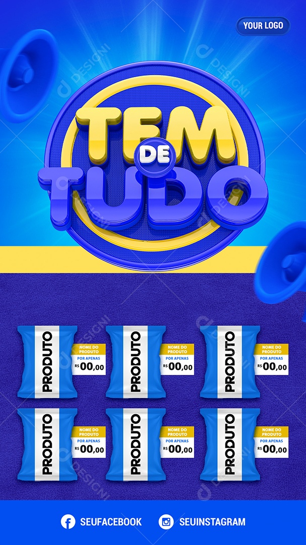 Social Media Story Encarte Azul Tem De Tudo Supermercado PSD Editável