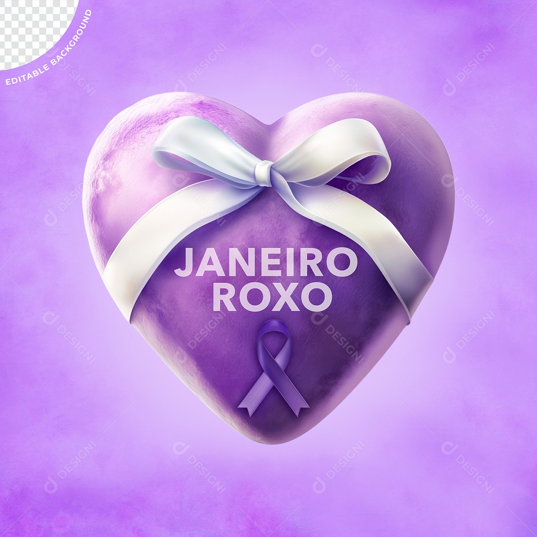 Elemento 3D Coração Com Laço Janeiro Roxo Para Composição PSD
