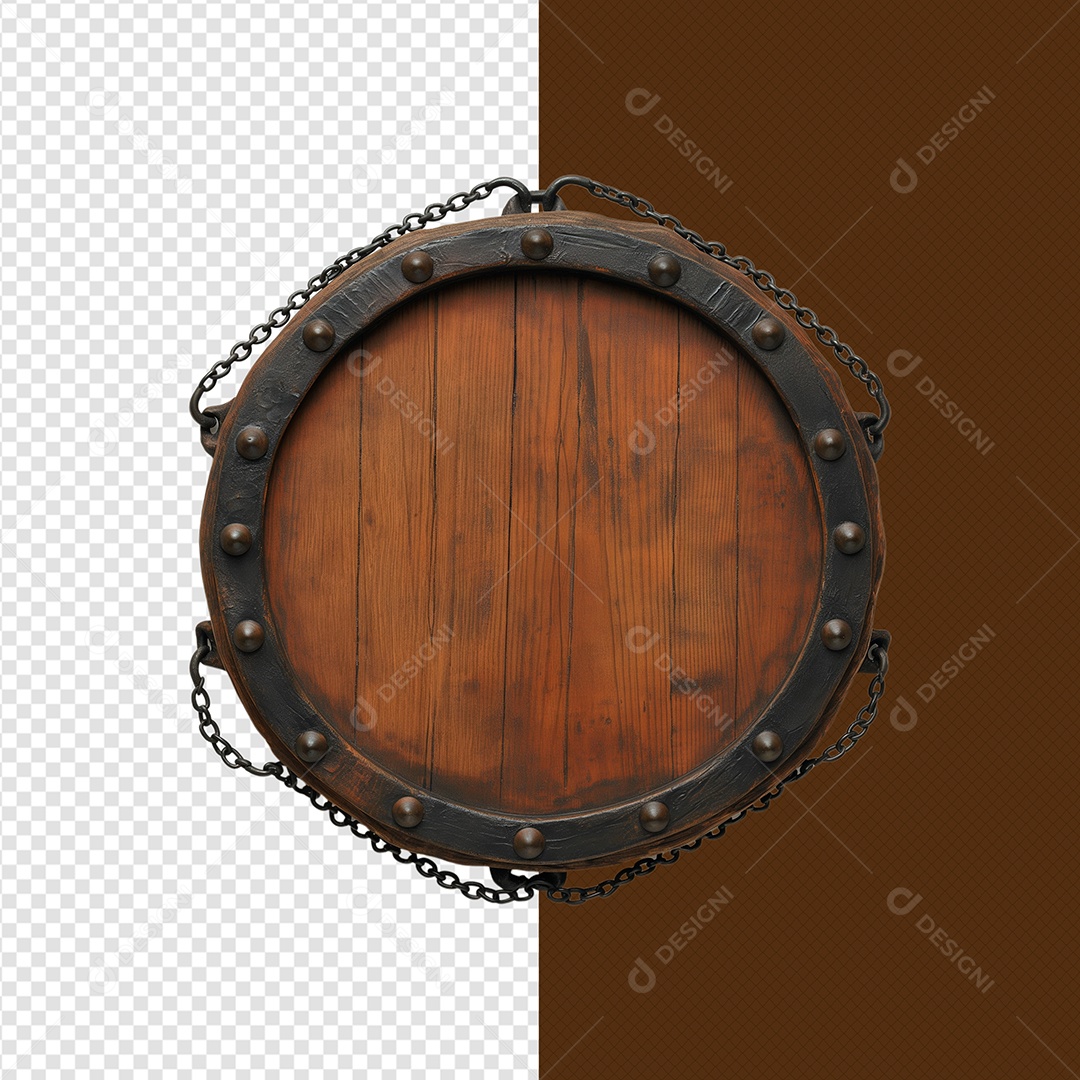 Elemento 3D Moldura Circular De Madeira Ferro Correntes Para Composição PSD