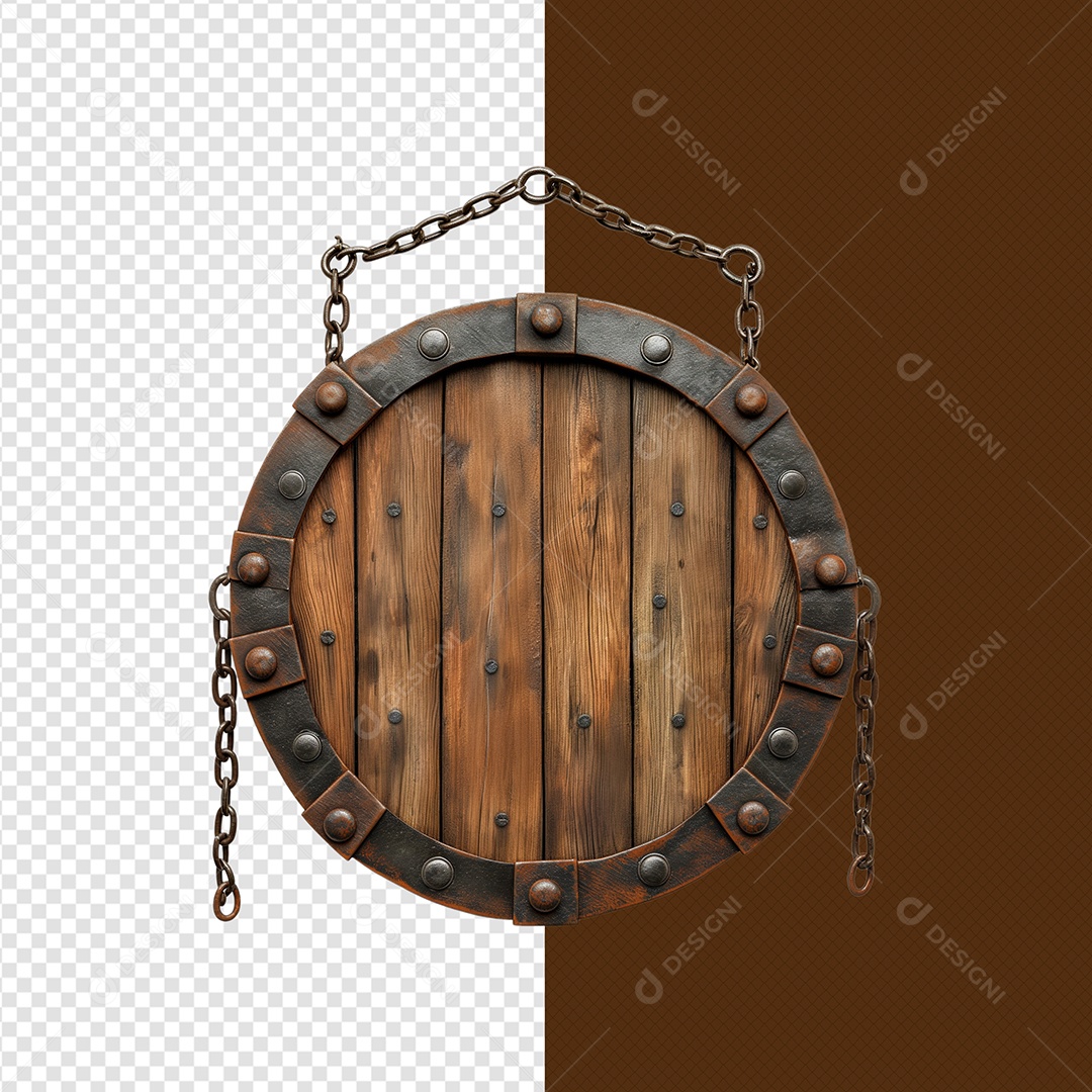 Elemento 3D Moldura Circular De Madeira Ferro Correntes Para Composição PSD