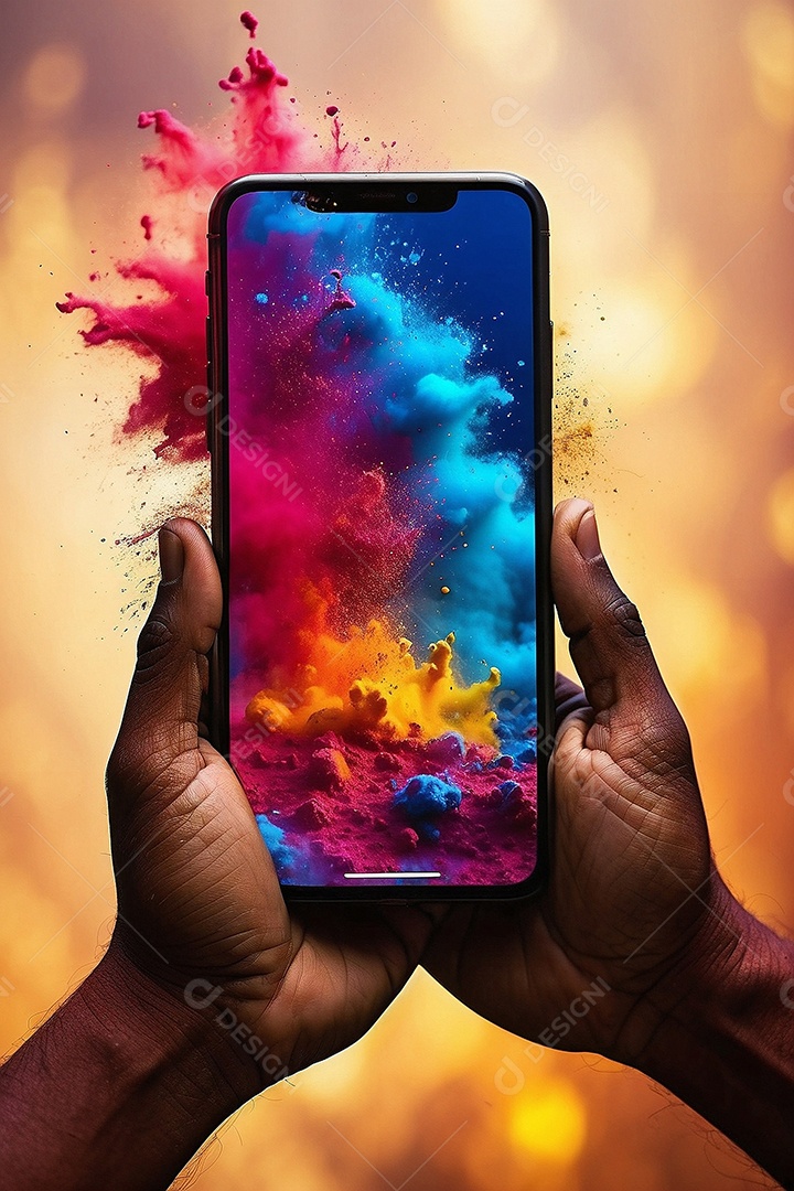 Celebração do holi mãos indianas seguram um telefone com uma explosão colorida