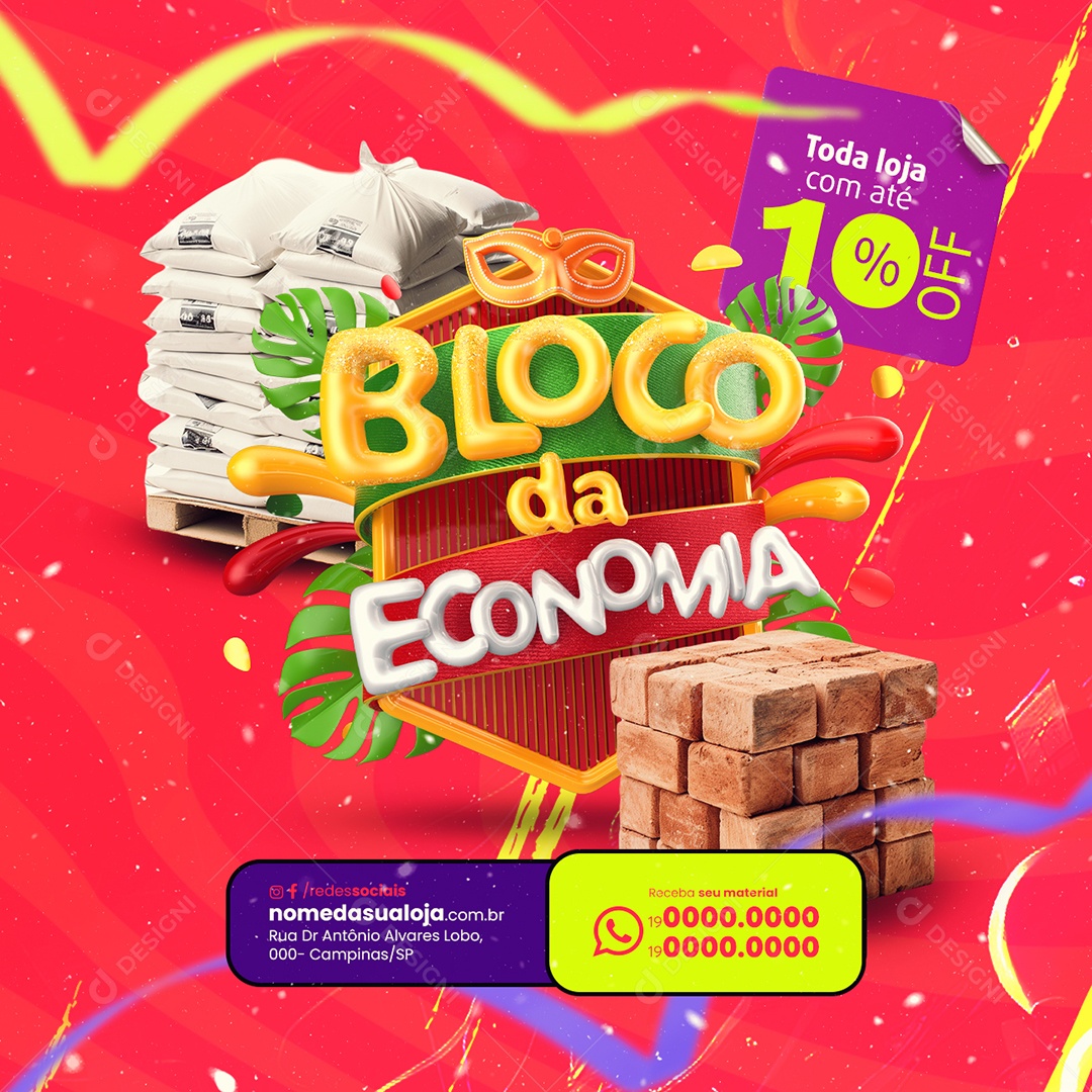 Material de Construção Carnaval Bloco da Economia Toda loja com até 10% Off Social Media PSD Editável