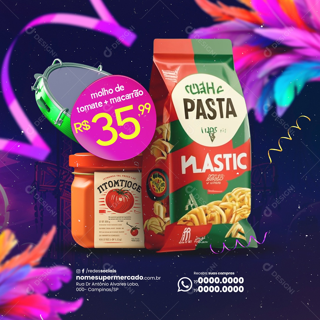 Supermercado Carnaval molho de tomate macarrão Social Media PSD Editável