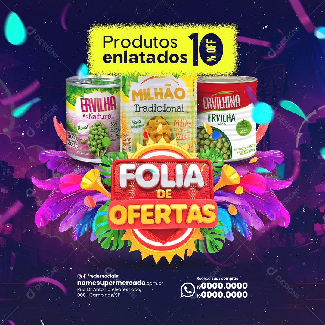 Supermercado Carnaval Produtos enlatados 10% Off Folia De Ofertas Social Media PSD Editável