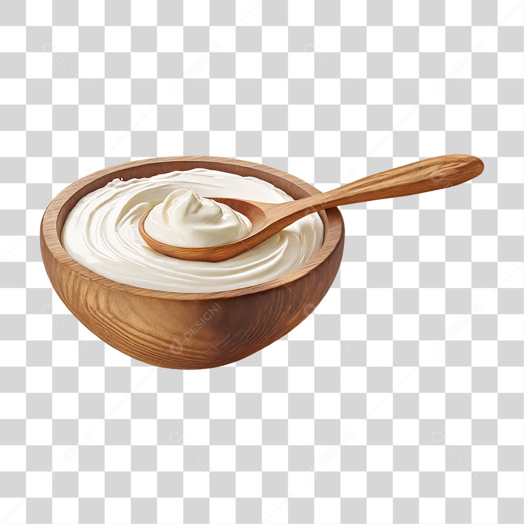 Creme Branco em Tigela de Madeira PNG Transparente