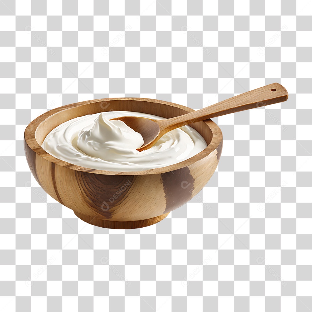 Creme Branco em Tigela de Madeira PNG Transparente