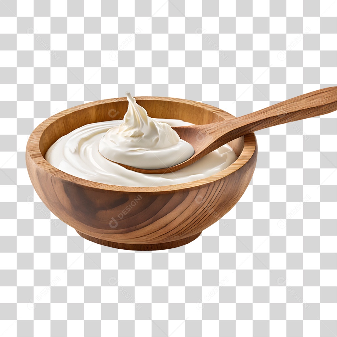 Creme Branco em Tigela de Madeira PNG Transparente