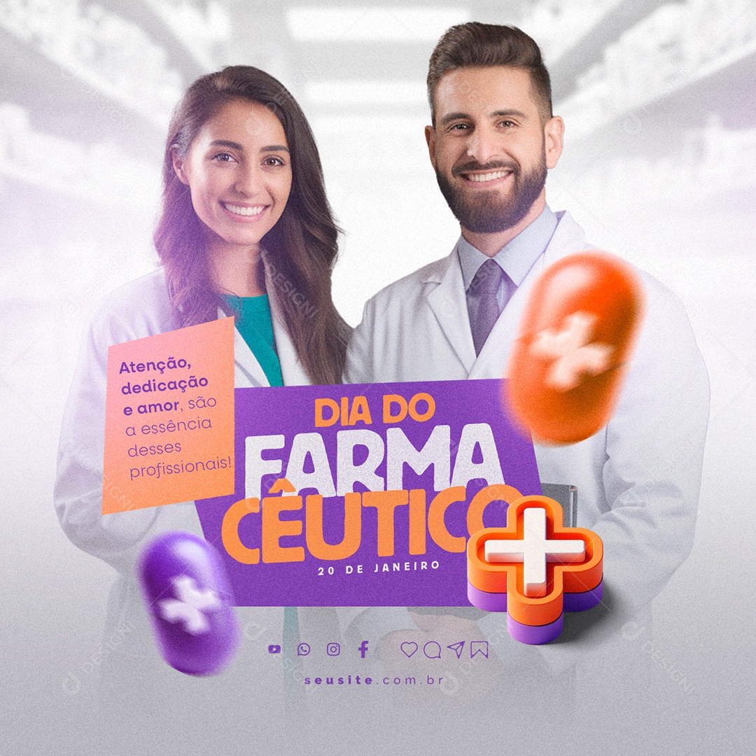 Dia Do Farmacêutico 20 De Janeiro Atenção dedicação e amor Social Media PSD Editável