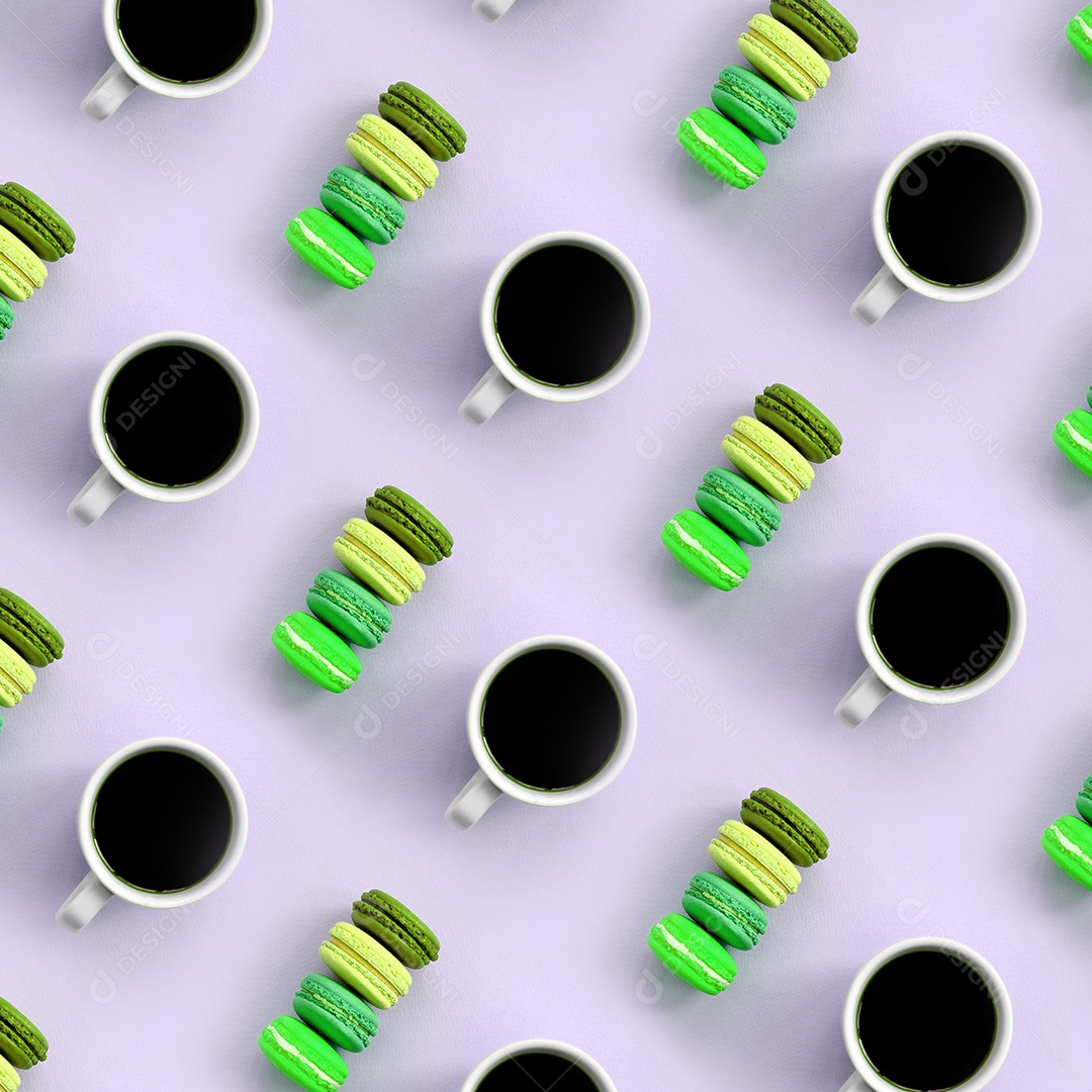 Bolo de sobremesa e xícaras de café na vista superior do fundo lilás pastel