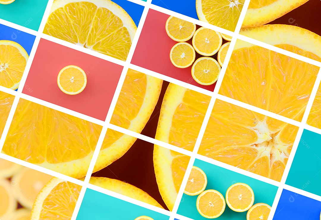 Conjunto de imagens com frutas em fundos de cores diferentes