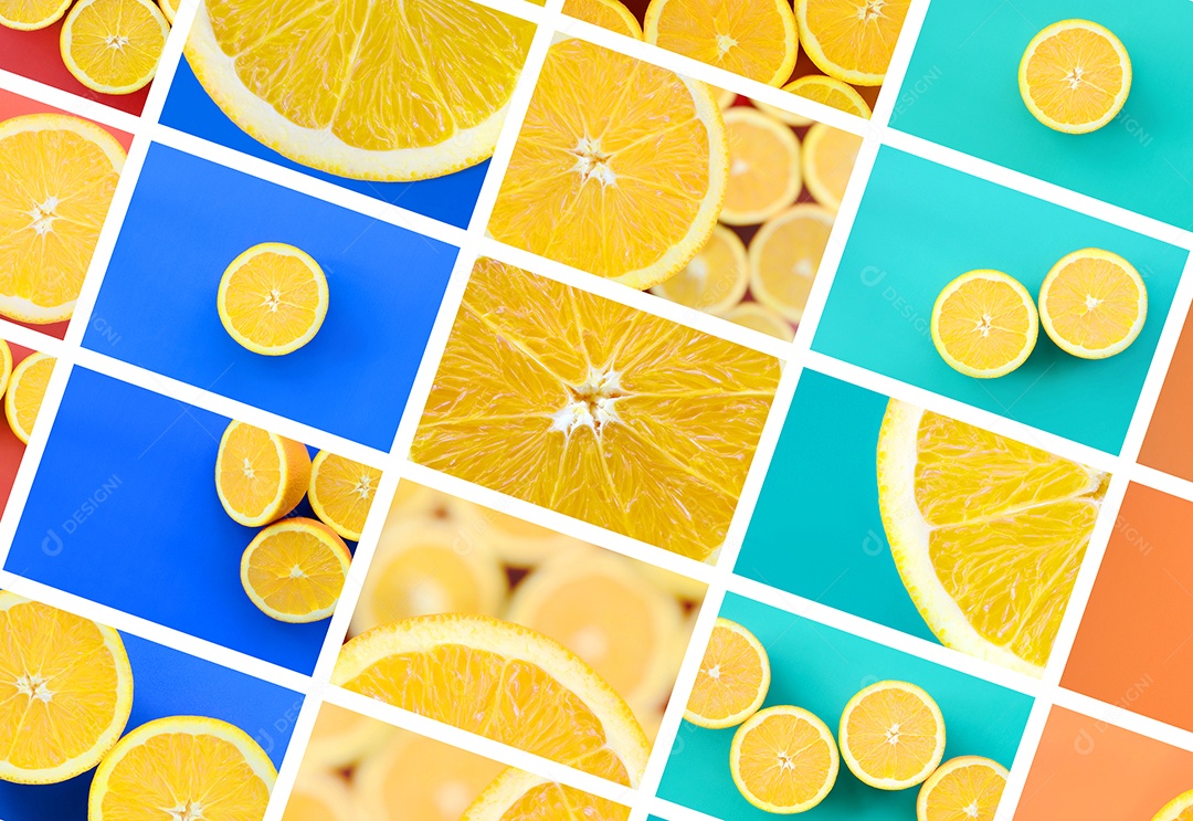 Conjunto de imagens com frutas em fundos de cores diferentes