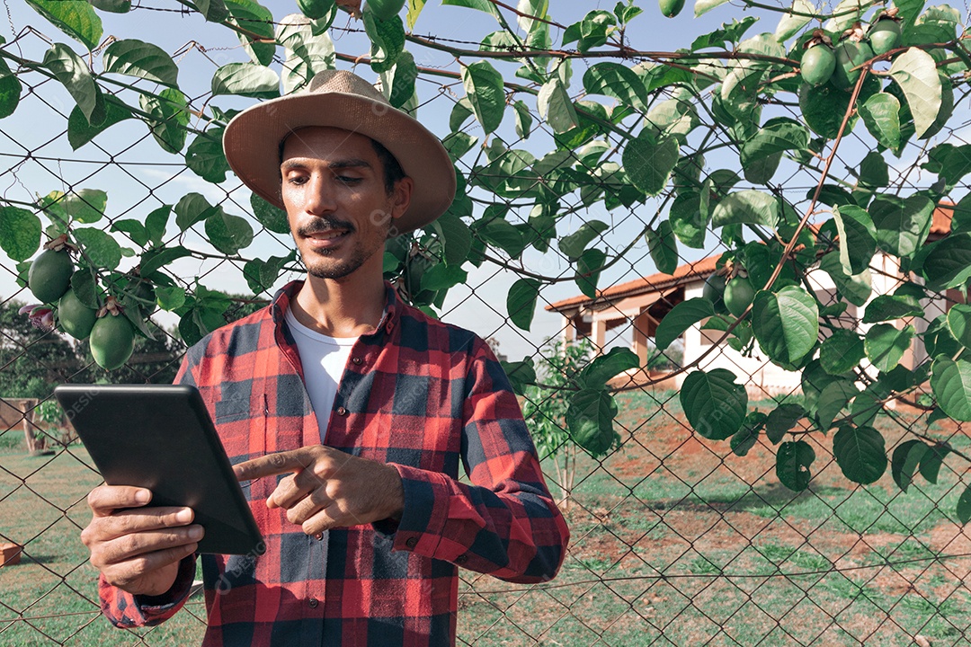Fazendeiro negro de chapéu em fazenda plantação de maracujá ao fundo