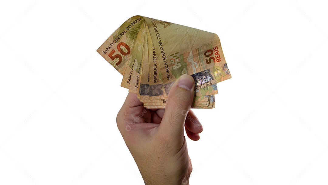 Segurando real brasileiro isolado em fundo branco mão masculina segurando cédula