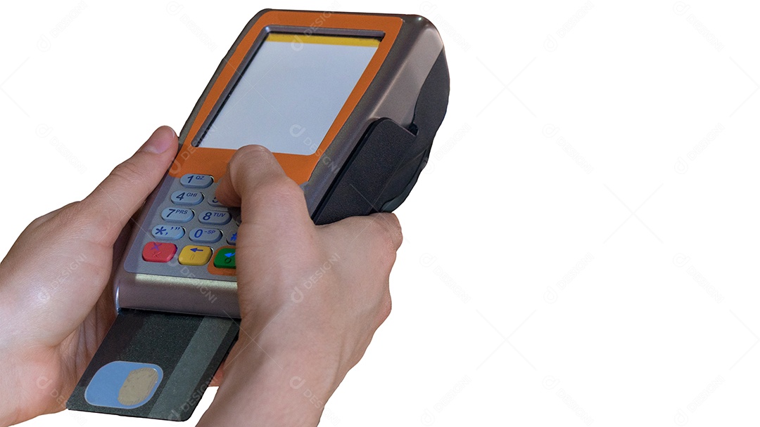 Segurando uma máquina financeira de cartão de crédito isolada em fundo branco