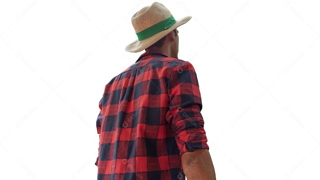 Fazendeiro negro de costas usando chapéu isolado em fundo branco