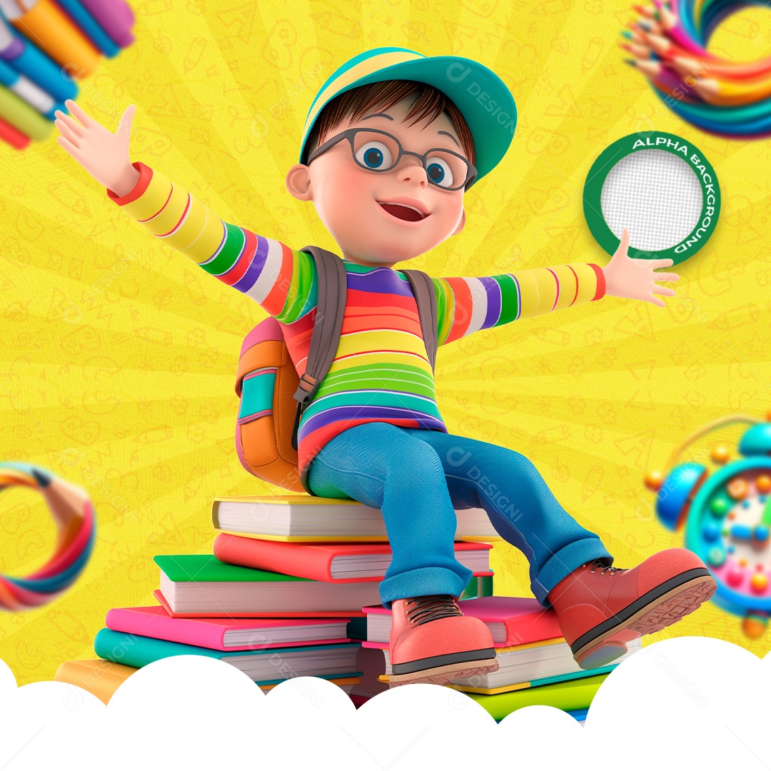 Criança Sentada em Livros Elmento 3D Colorido para Composição PSD