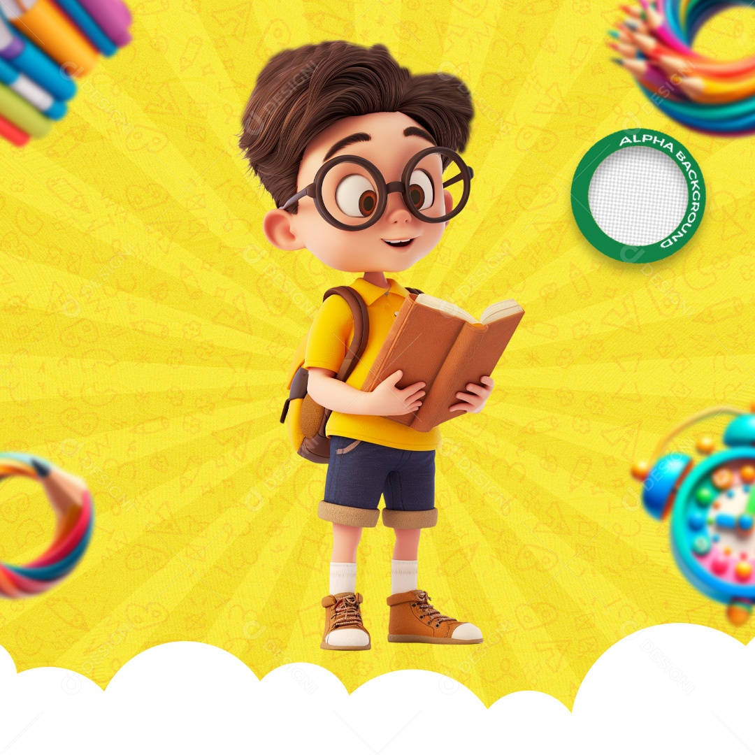 Menino com Livro e Mochila Elemento 3D para Composição PSD
