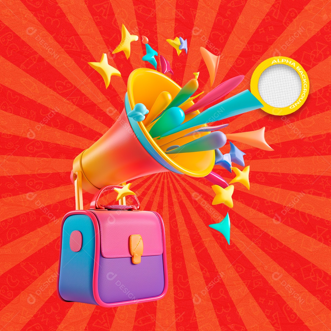 Mochila Escolar e Megafone Elemento 3D Colorido para Composição PSD