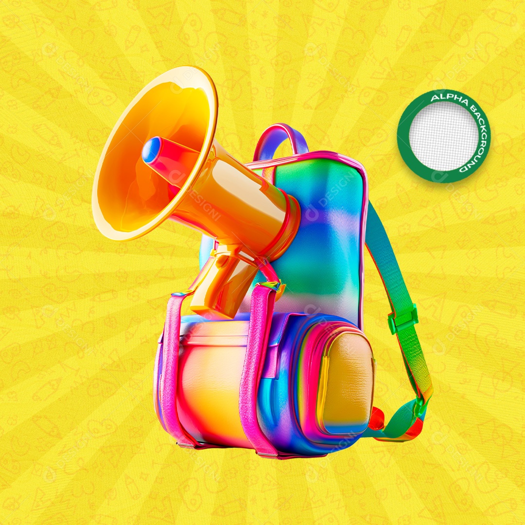 Mochila Escolar Colorida e Megafone Laranja Elemento 3D Colorido para Composição PSD