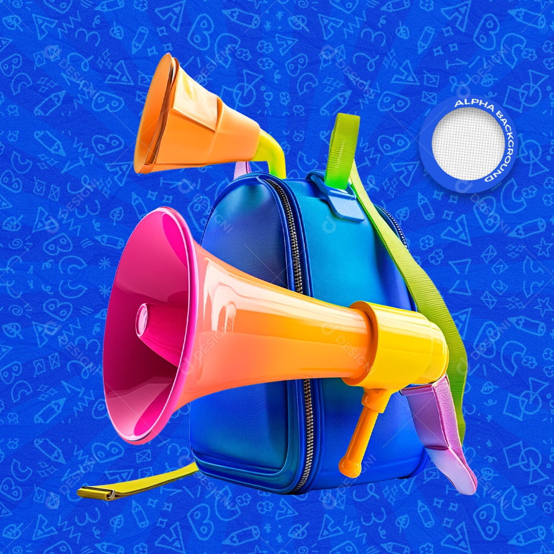 Mochila Escolar e Megafone Elemento 3D Colorido para Composição PSD