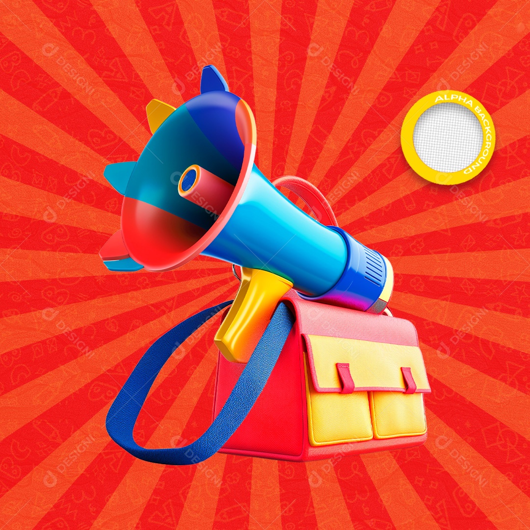 Mochila Escolar e Megafone Elemento 3D para Composição PSD