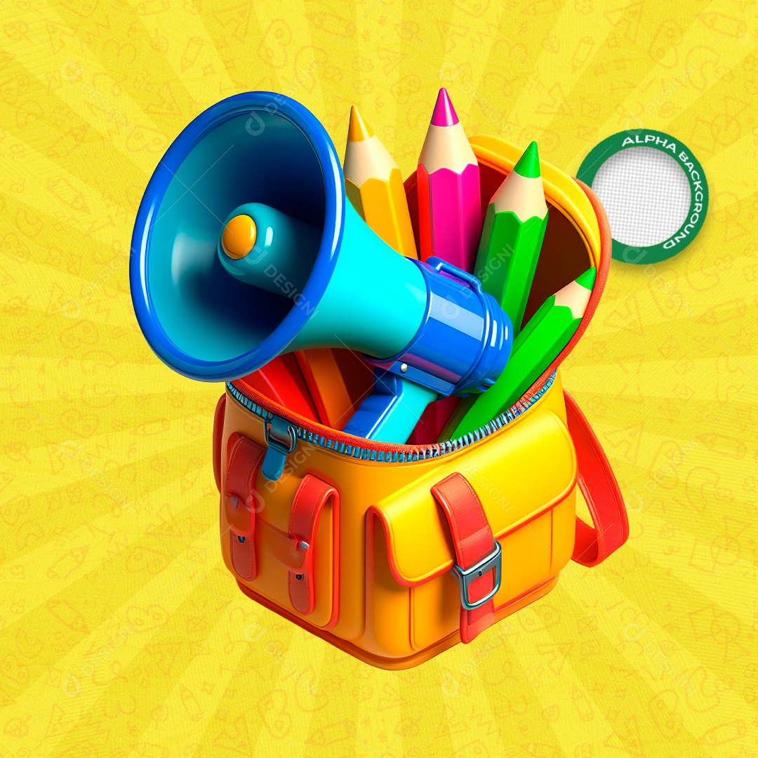 Mochila com Lápis e Megafone Elemento 3D para Composição PSD