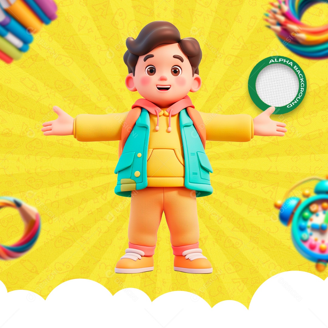 Criança de Braços Abertos Elemento 3D Amrelo  Azul Laranja para Composição PSD