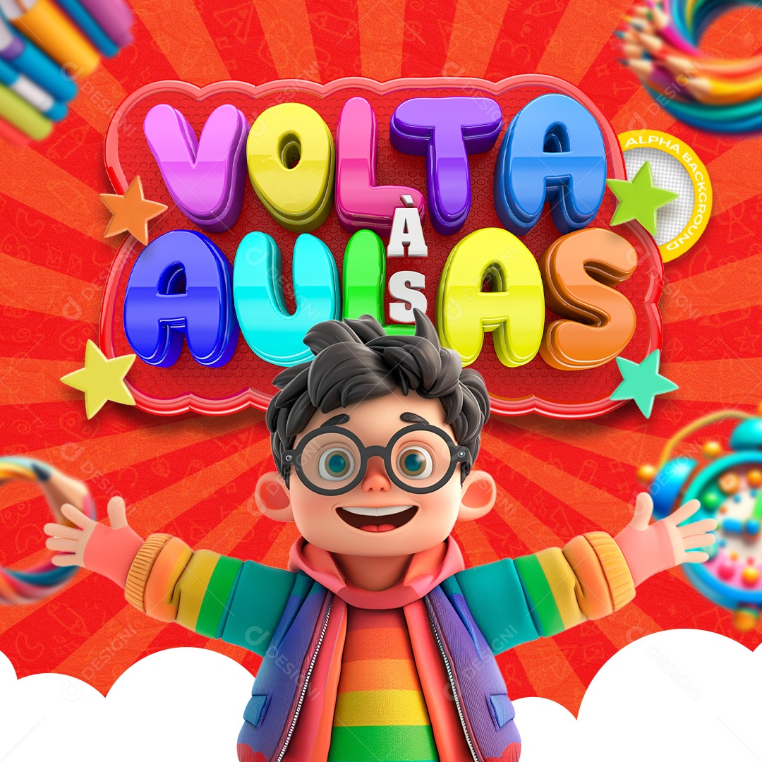 Volta às Aulas Colorido Selo 3D para Composição PSD