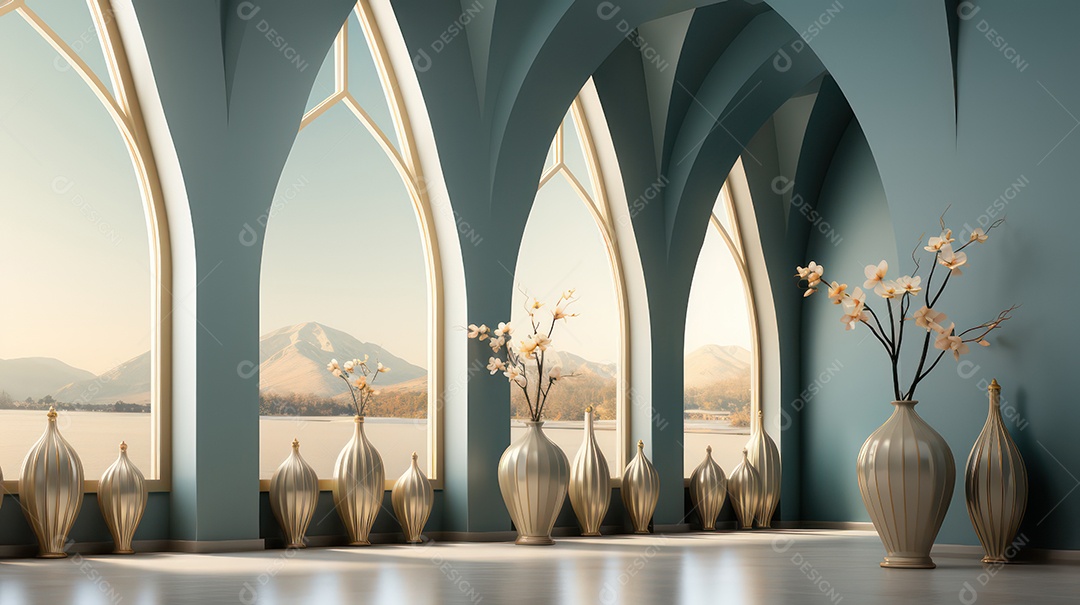 Janelas grandes com vasos nas proximidades. design moderno islâmico.