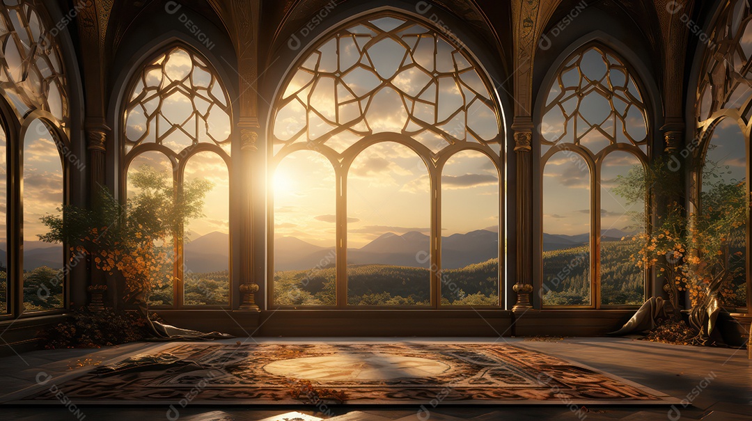 Raios solares ao amanhecer ilumina o interior de uma mesquita islâmica.