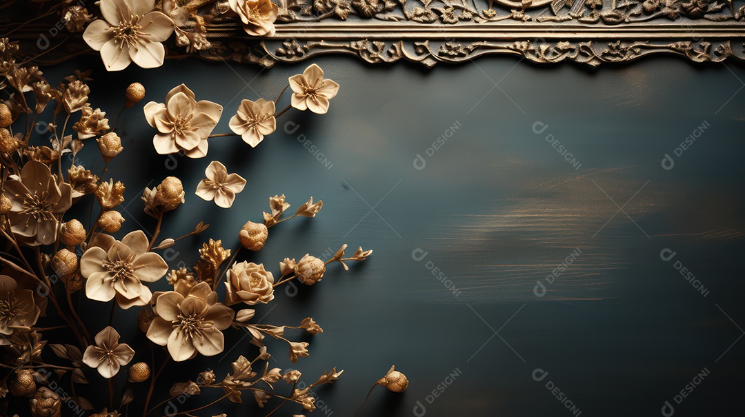 Moldura sobre fundo preto e azul com flores e folhas douradas.