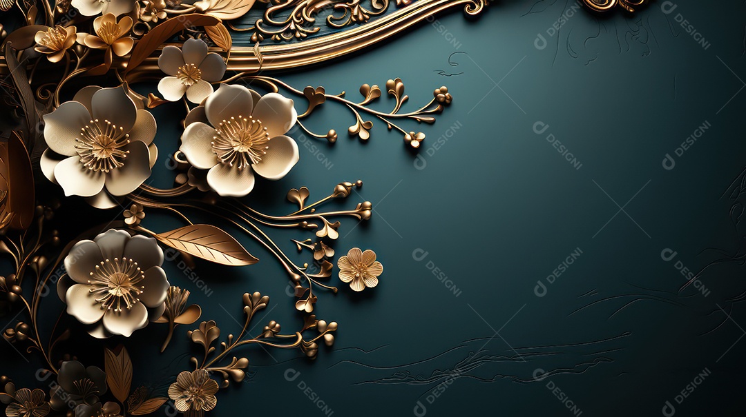 Moldura sobre fundo preto e azul com flores e folhas douradas brancas