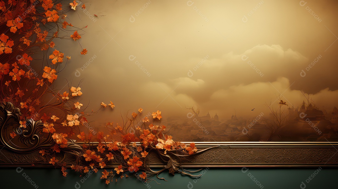 Moldura sobre fundo dourado e azul com flores e folhas laranjas.