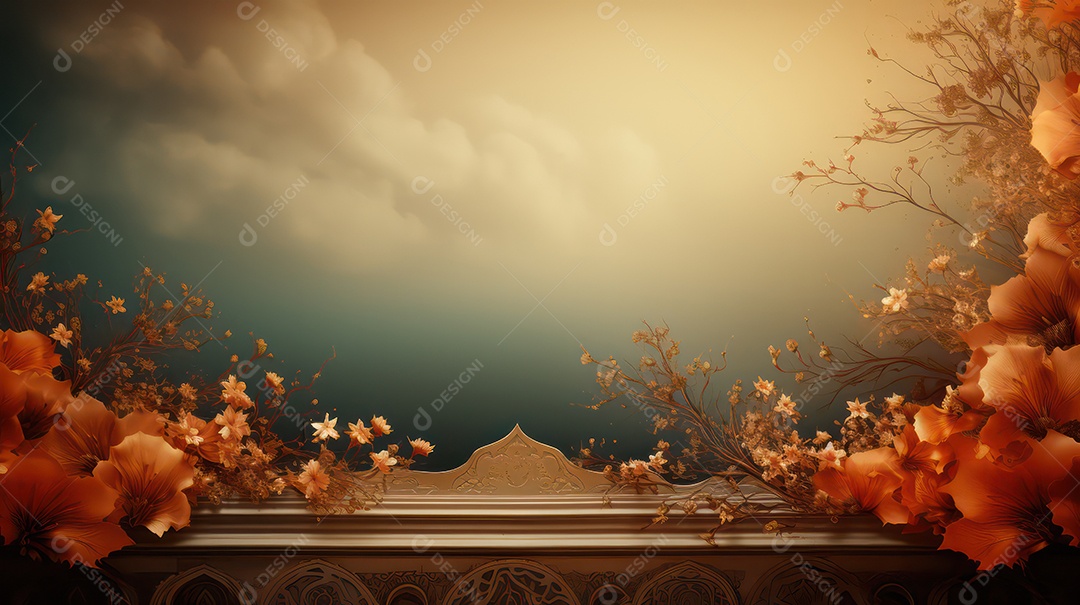 Moldura sobre fundo de céu azul com nuvens flores e folhas douradas em volta.