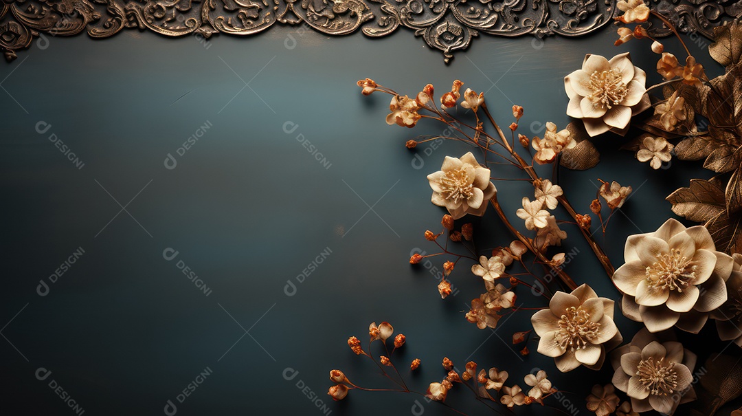 Moldura sobre fundo preto e azul com flores e folhas douradas.