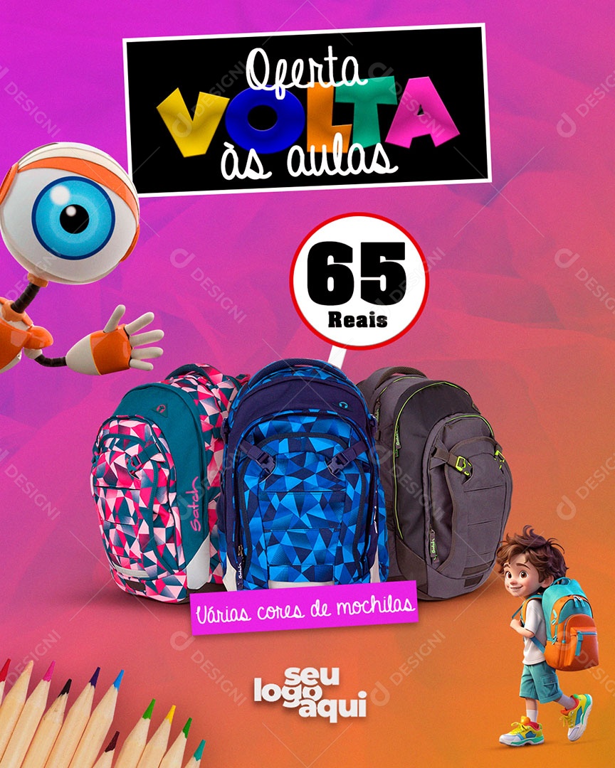 Oferta de Volta às Aulas Várias Cores de Mochila Social Media PSD Editável