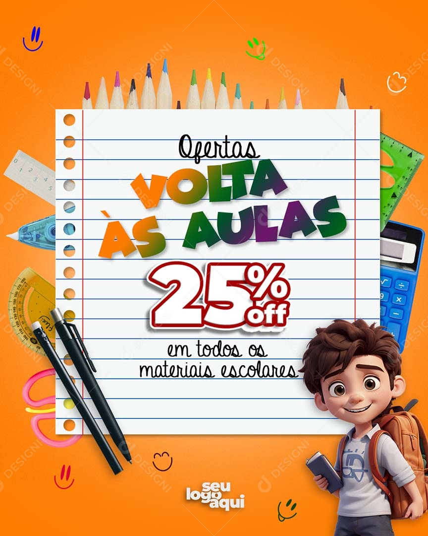 Ofertas Volta às Aulas 25% OFF em todos os Materiais Escolares Social Media PSD Editável