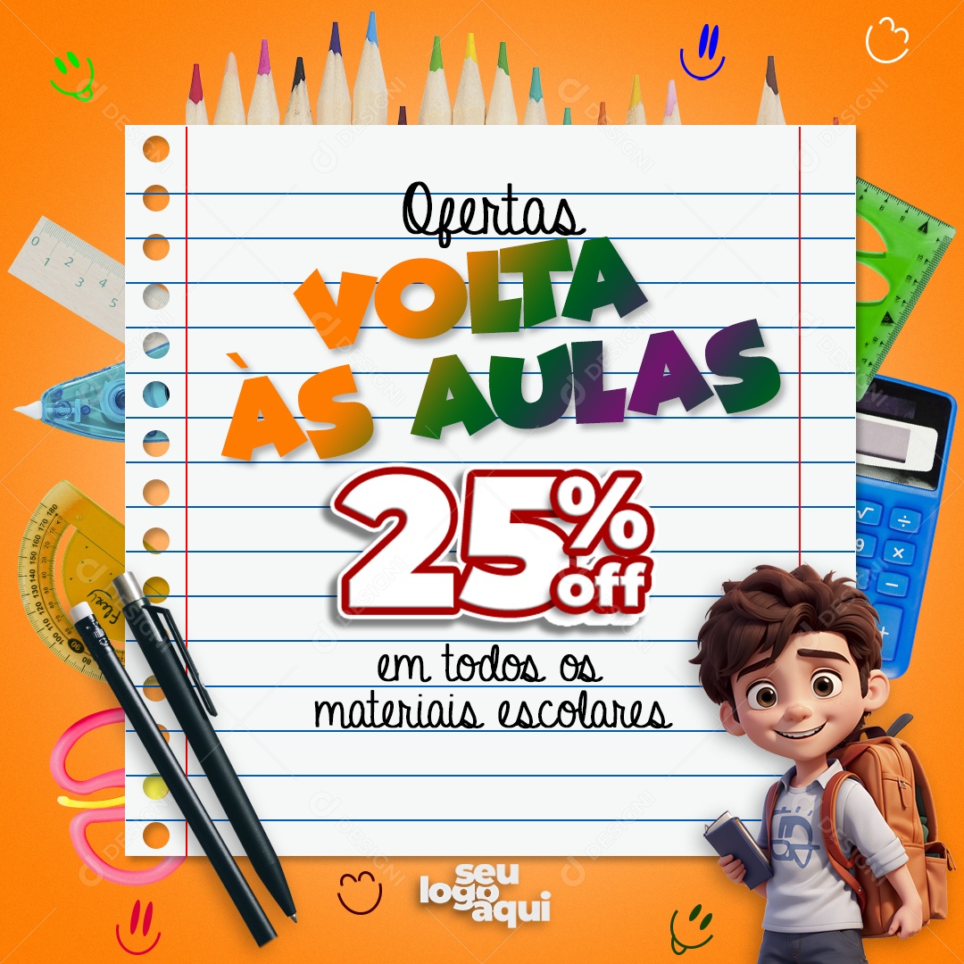 Feed Ofertas Volta às Aulas 25% OFF em todos os Materiais Escolares Social Media PSD Editável