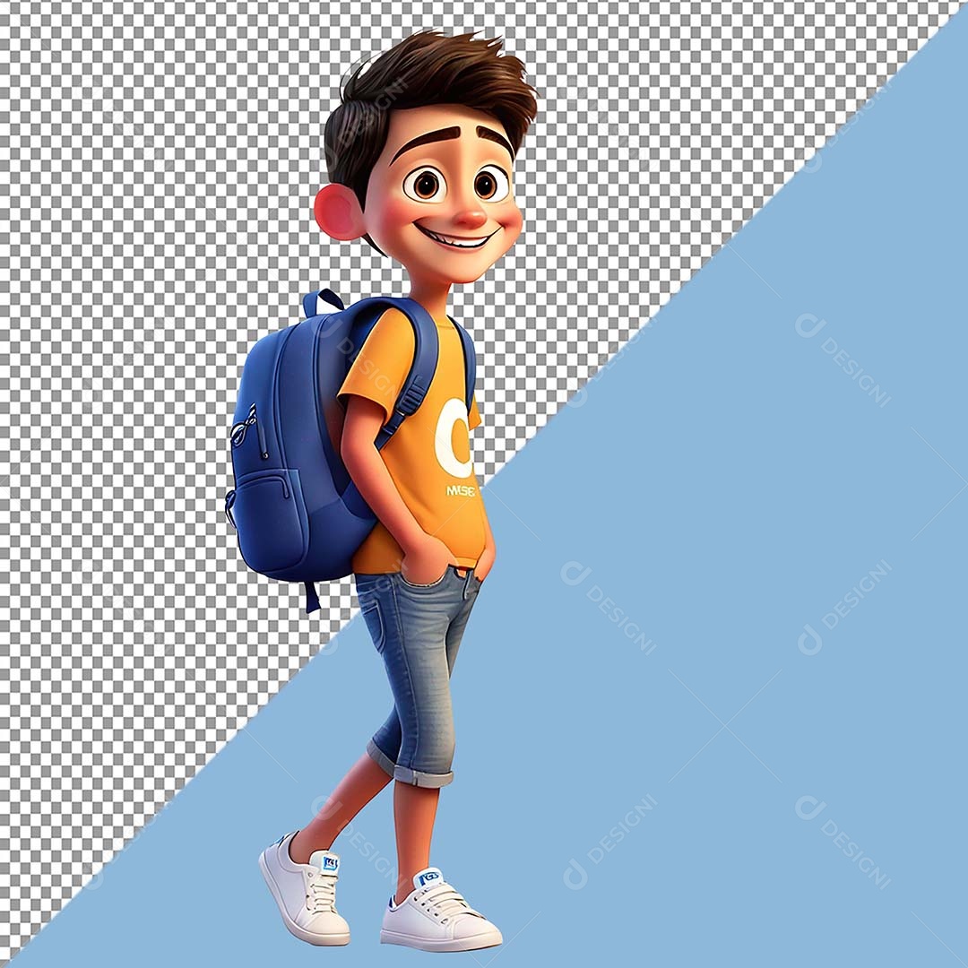 Garoto com Mochila Elemento 3D Azul Laranja Branco para Composição PSD