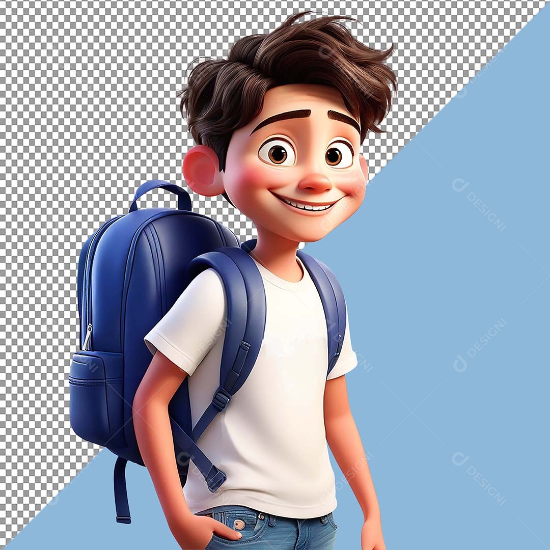 Garoto com Mochila Elemento 3D Branco Azul para Composição PSD